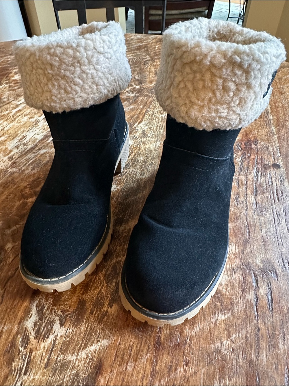 Black Suede Faux-Shearling Mid-Calf or Ankle Boots- Size -EU38/US6